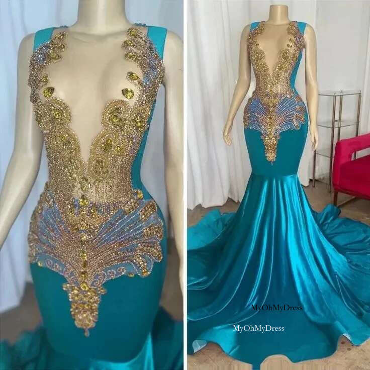 Blue Long Prom Dress For Black Girls Mermaid Sheer Satin Feather Crystals Birthday Party Dresses Women Evening Gown Customized al0311