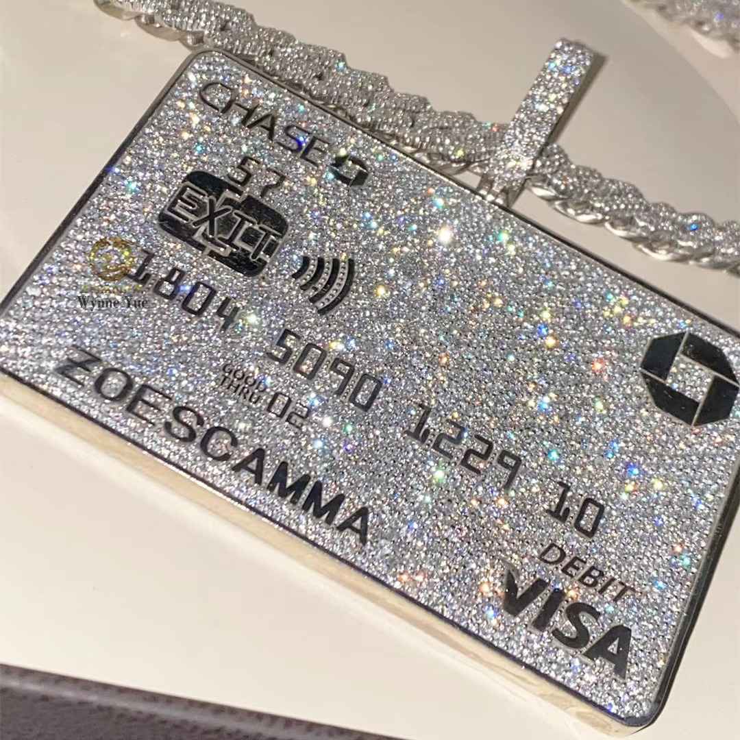 Custom Visa Card White Gold Plated Solid 925 Sterling Silver VVS Moissanite Credit Card Pendant