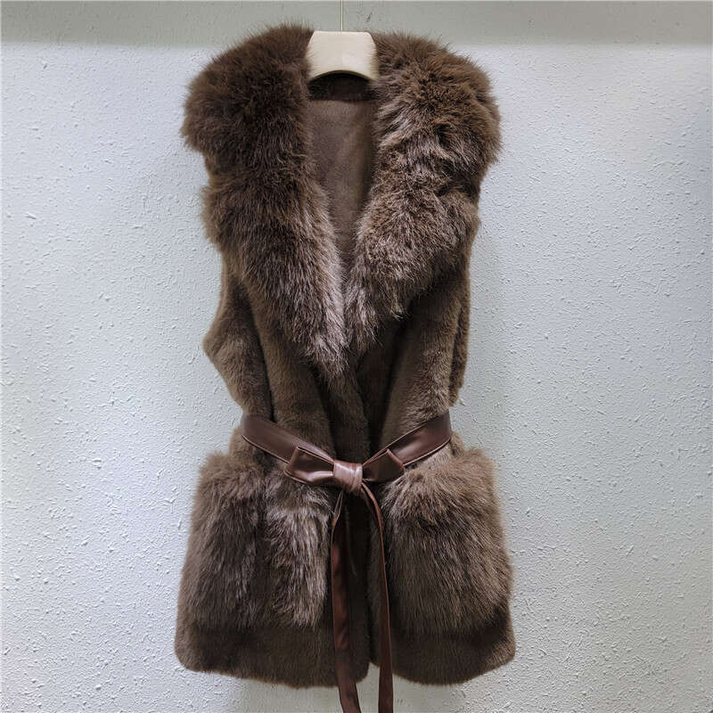 2024 Autumn And Winter New European Vest Women's Mid To Long Style Lapel Strap Pocket Simulation Mink Fur Grass Clip