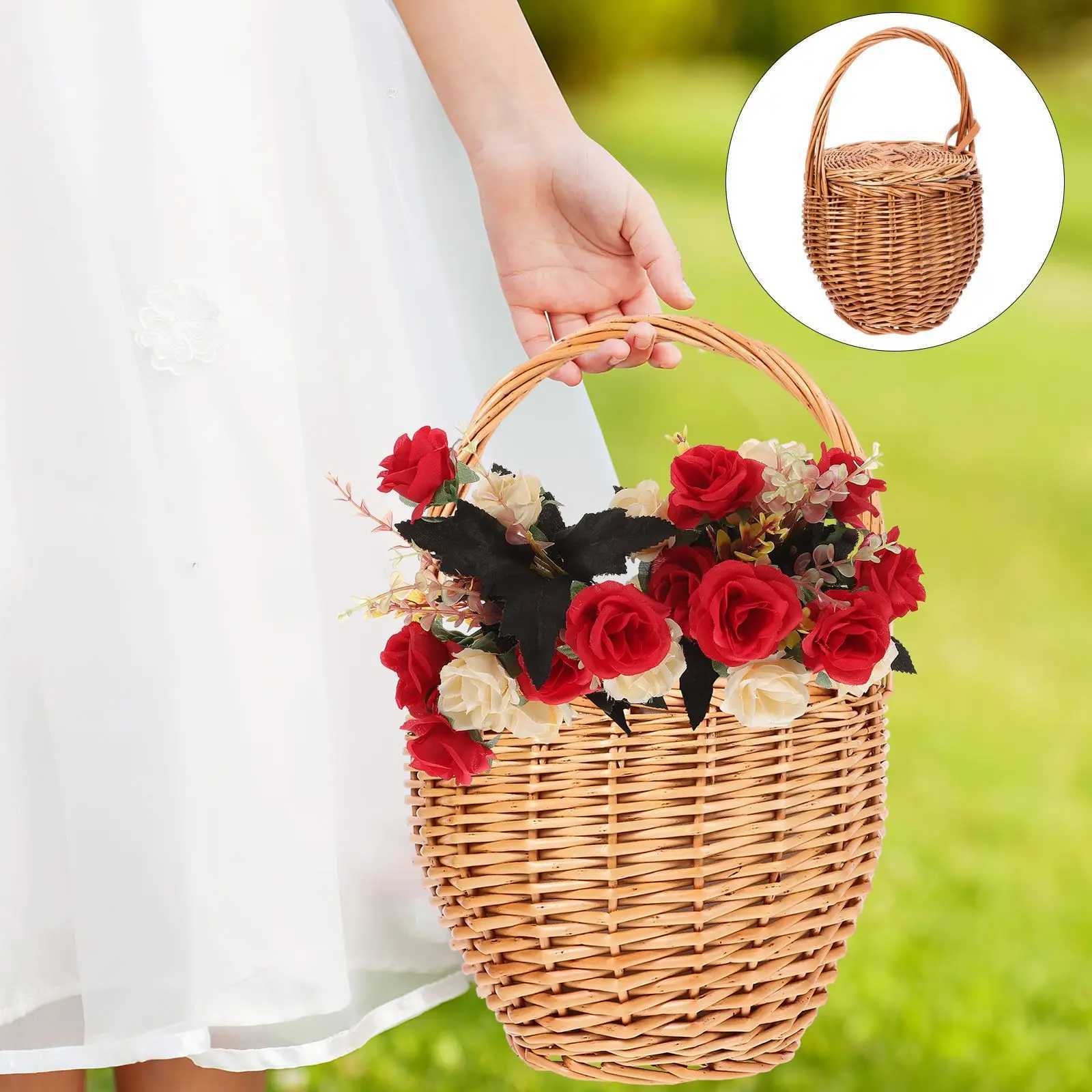 1 hand woven flower basket outdoor picnic basket fruit and vegetable container flower basket arrangement rack 20.5cm X250311