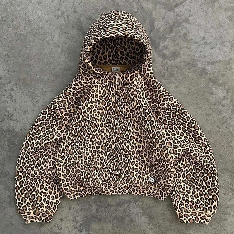 Trendy Brand 2024 Autumn Winter New Product Leopard Print Hooded Sweatshirt Y2k Velvet High Street Zipper Jacket For Men And Women