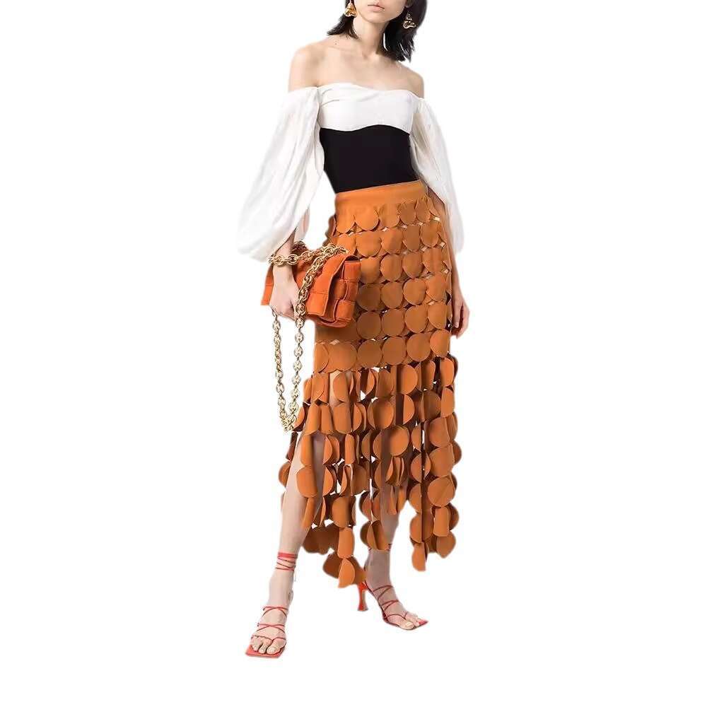 Fashionable Design Long Hip Bag 2024 Spring New Collection Splicing Round Disc Tassel High Waist Skirt