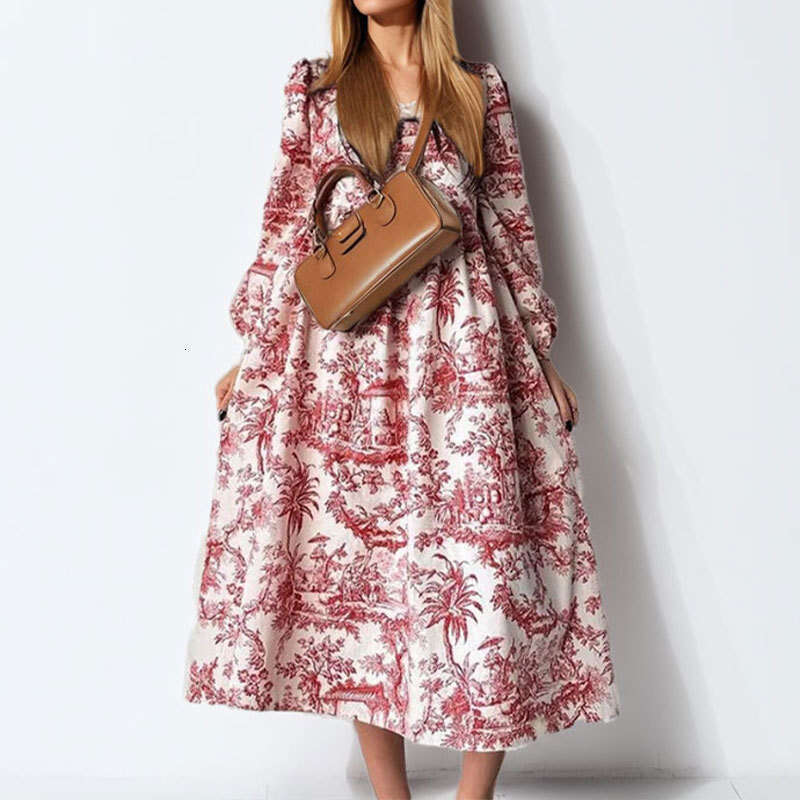 2025 Women's Fashion New Printed Skirt Elegant Lantern Sleeve V-Neck Big Swing Dress KLMY