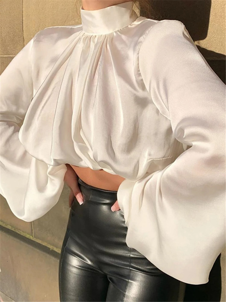 hoodie Shestyle White Satin Lantern Sleeve Blouse Office Lady Spring Solid Shine Loose Sexy Short Crop Tops Women High Waist Work Shirt jacket
