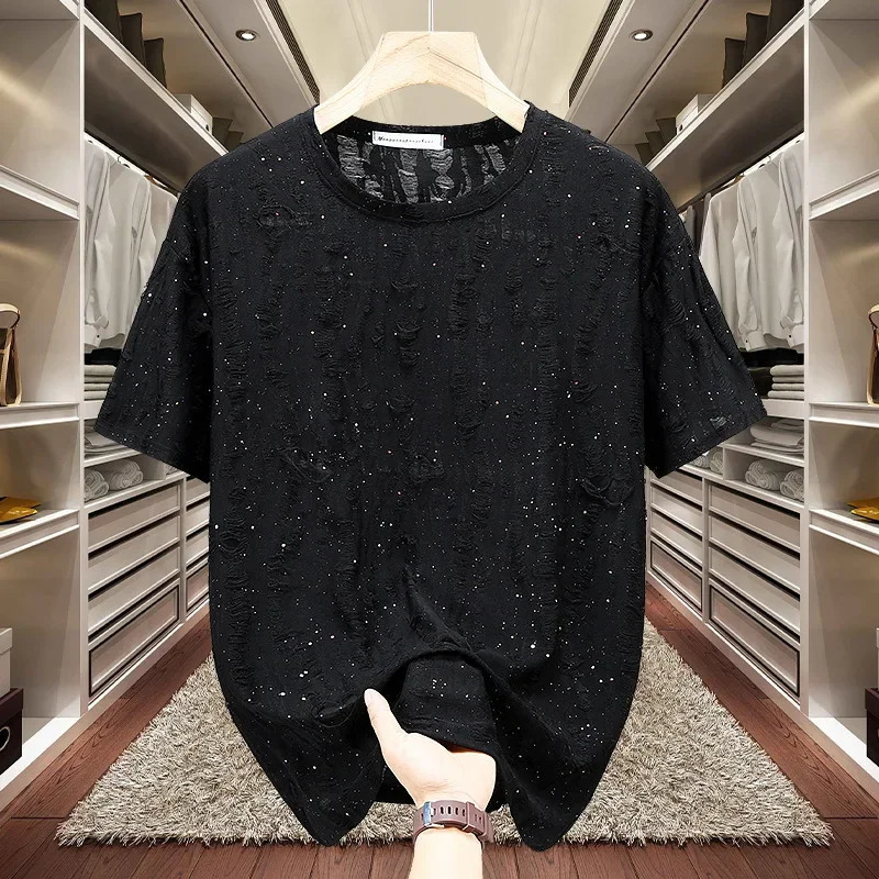 Short Sleeved T-shirt for Men 130KG Full Sky Star Diamond High Quality Casual Streetwear Tshirt O-Neck Plus Size Top 8xl 250310