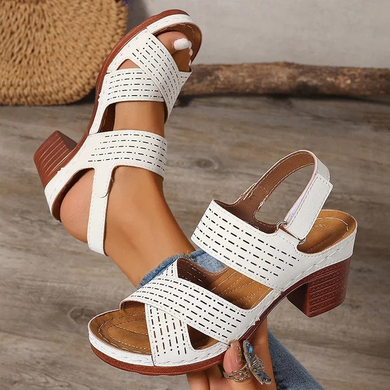 2025 Summer Thick High Heel Sandals Womens Cross Band Fashion Beach Sandels Hook Loop Anti-Slip Platform Sandalias De Mujer 250305
