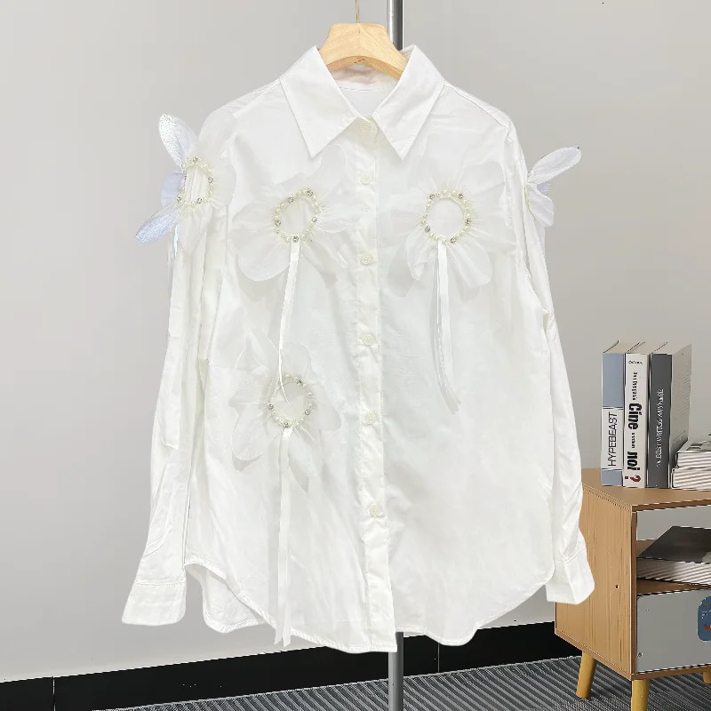 EuropeanClothesLooseBlouseSexyCardiganVintage singleBreasted3D flowerWomenShirtLong SleeveCasualTops41269 250311