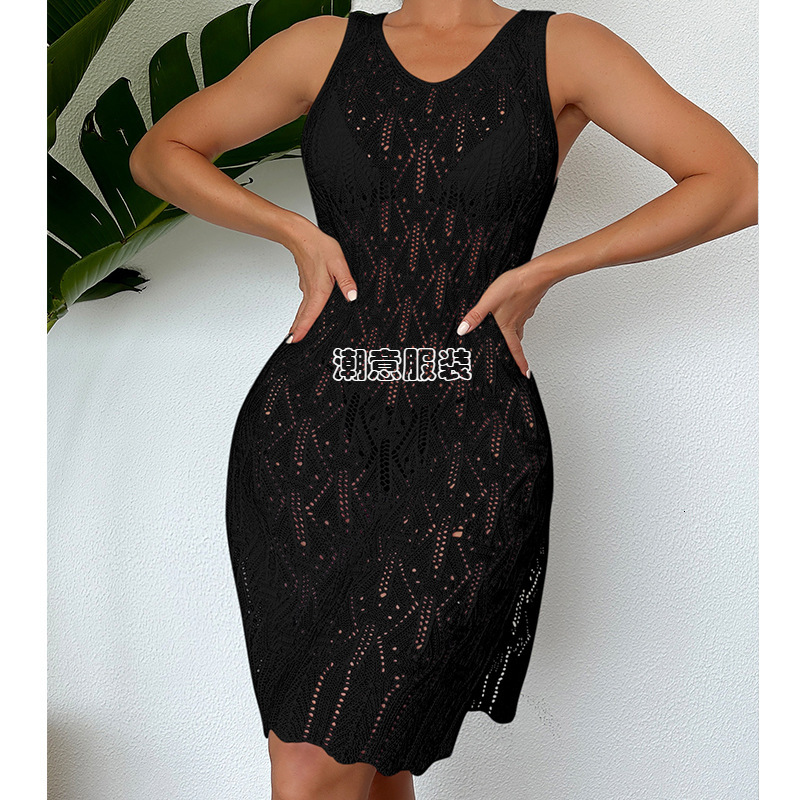 New Women's Mid To Long Sexy Hollow Solid Color Vest Dress, Fashionable Side Slit Beach Skirt
