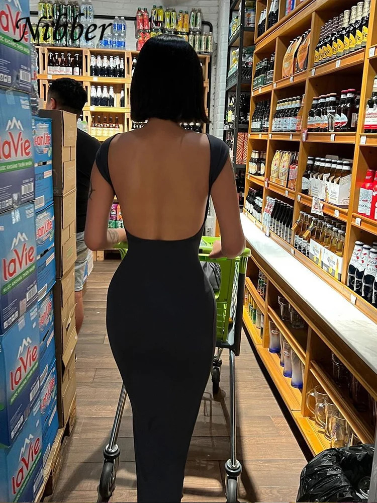 Nibber Solid Sexy Backless Maxi Dress Women Elegant Elastic Slim Short Sleeve Long dresses Female Bodycon Streetwear Clothing 250311