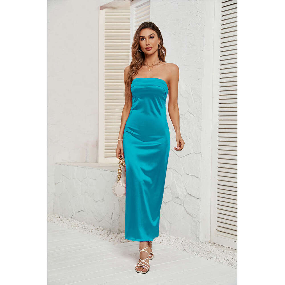 Summer European and American women's solid color chest wrapped elastic backless satin dress 2025 temperament versatile new trend clothing ins