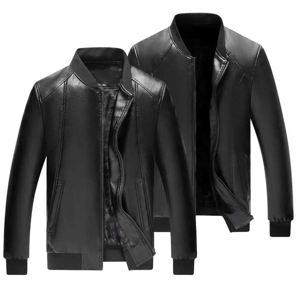 Men Jackets Coat Warm Plush Lining Stand Collar Leather Jacket Bomber Motorcycle Jacket Biker PU Baseball Jacket Men OuterwearT250311