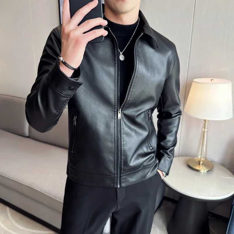 Mens Fashion Leather Jacket Slim Fit Tturn down Collar Coats Male Anti-wind Motorcycle Zipper leahter Jackets Men PU JacketT250311