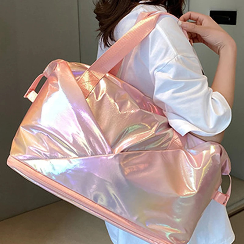 Womens Laser Colorful Large Capacity Folding Travel Luggage Storage Bag Sports Gym Yoga Handbags Waterproof Shoulder Bags 250311