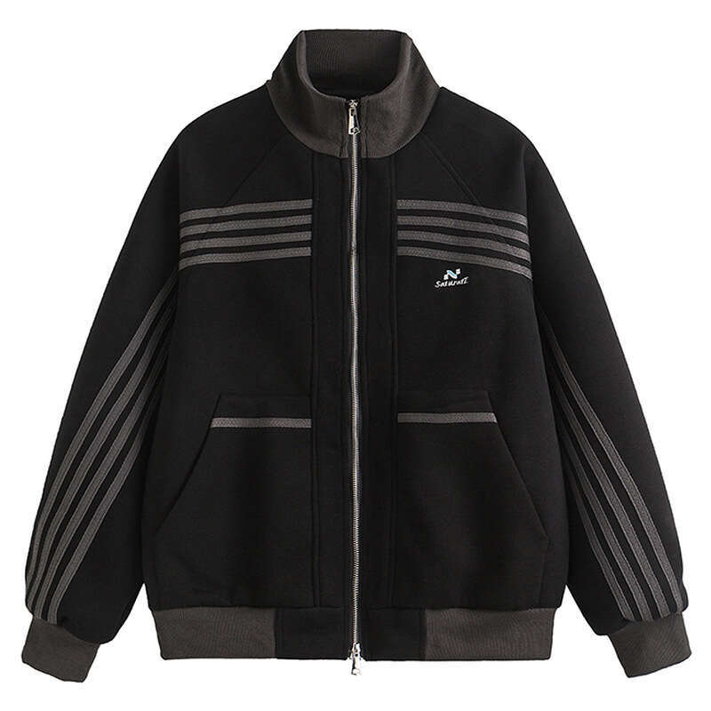 American Striped Sports Hoodie Jacket Men's Trendy Brand Spring And Autumn New High Street Design Sense Casual Stand Up Collar Zipper Cardigan