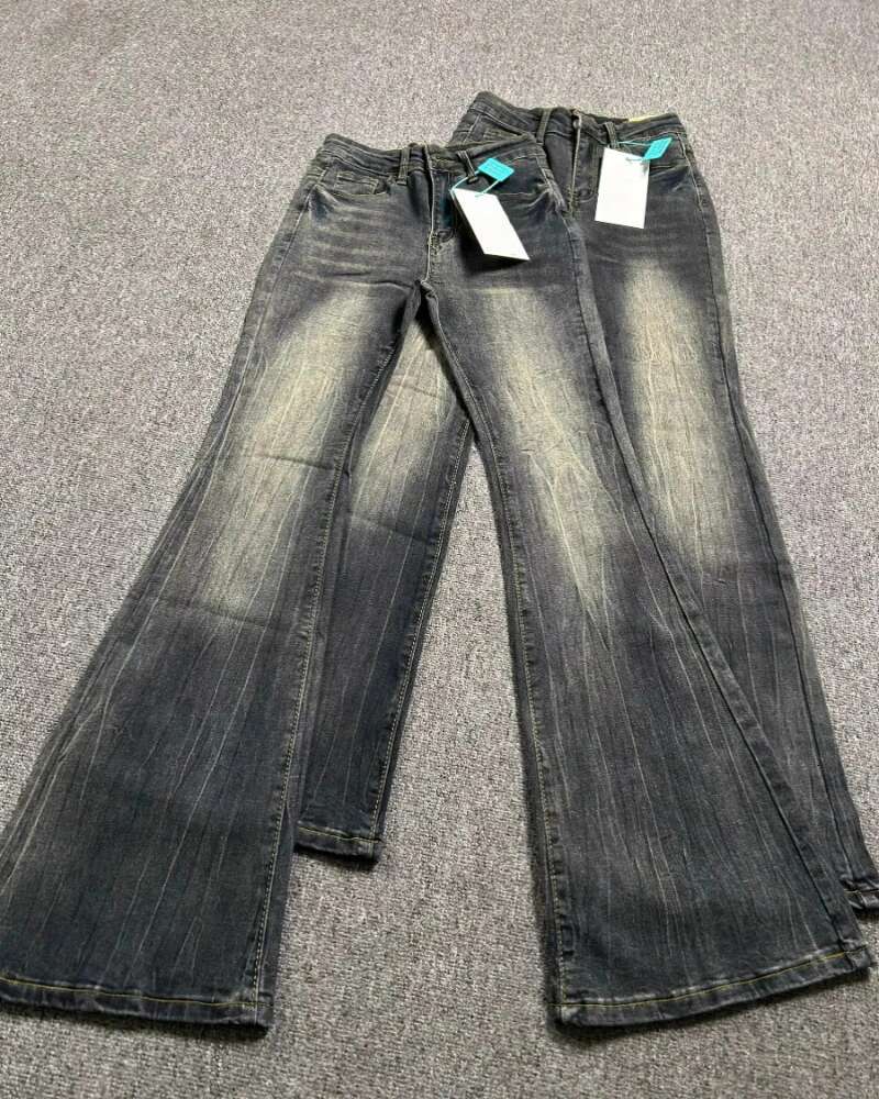 Gothic Washed Denim Flare Women Autumn Streetwear Slim Black Grey High Waisted Jeans Vintage Long Pants Y2k Clothes