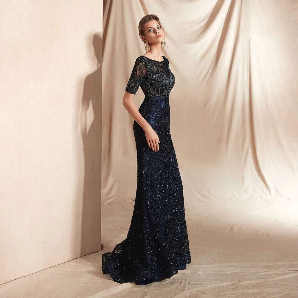Stylish Navy Blue For Mother Of Bride, Lace Appliqued Beading, Wedding Guest, Up To The Knee, R, Formal Dress