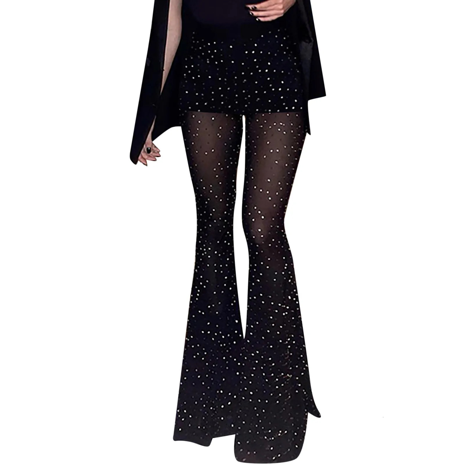 Rhinestone Activity Streetwear Pants Womens High Waist Mesh Straight Leg Boots Casual Two Piece Casual Womens Clothing 250305