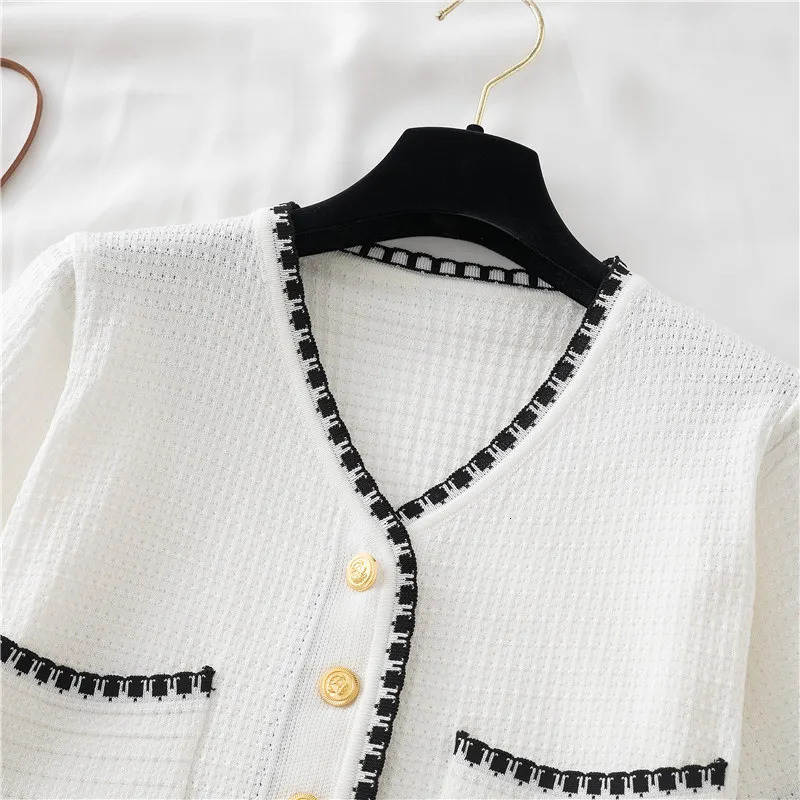 Summer Women Solid VNeck Casual Crop Top Singlebreasted Pocket Patchwork Cardigan Versatile Loose Short Sleeve Shirts 250311