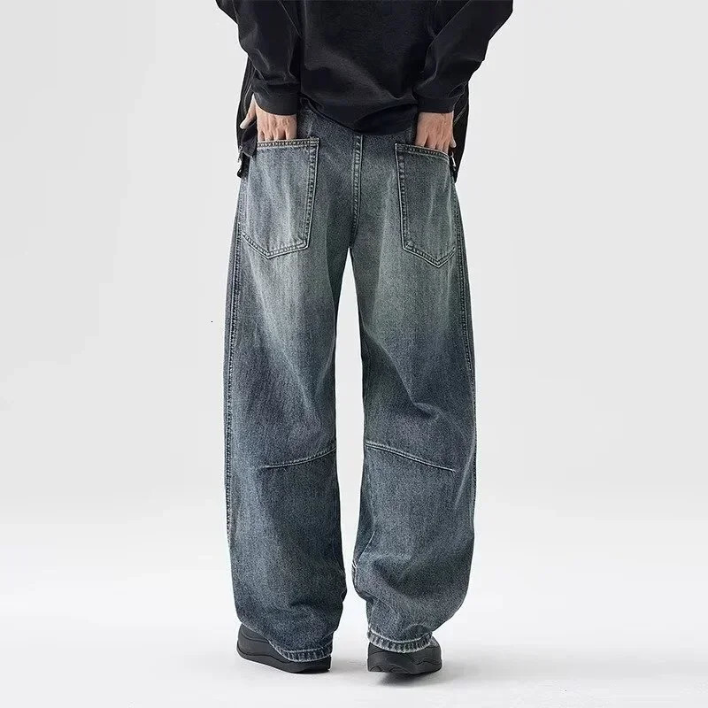Mens Y2K Vintage Straight WideLeg Jean Casual 3D Splicing Baggy Denim Pants Hip Hop Fashion Streetwear mens jeans 250311