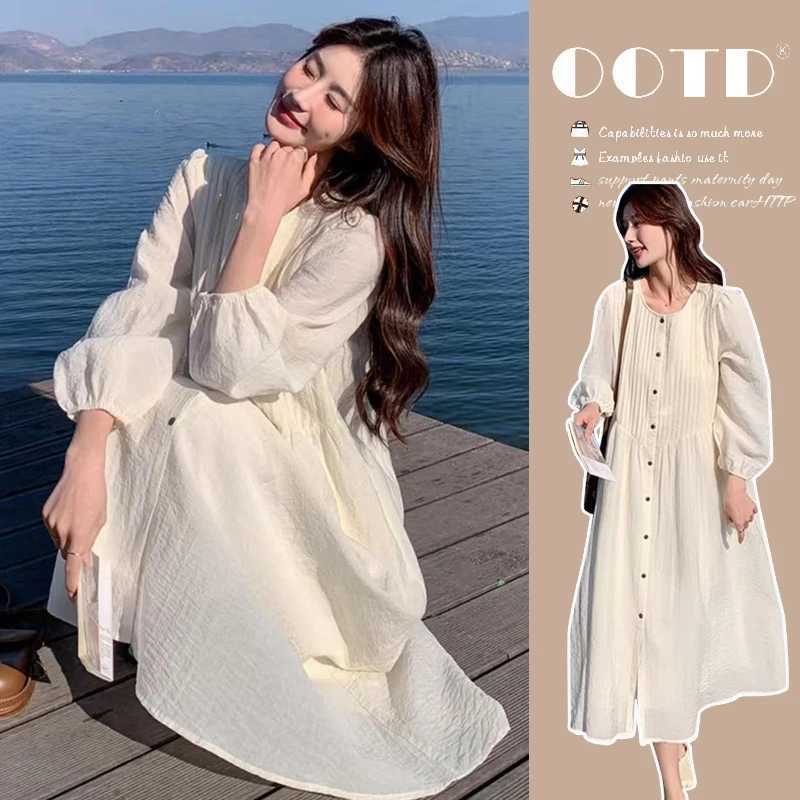 2025 Spring Maternity Holiday Clothes Plus Size Pregnant Woman Long Sleeve Beach Dresses Single-breasted Pregnancy Shirts DressT250311