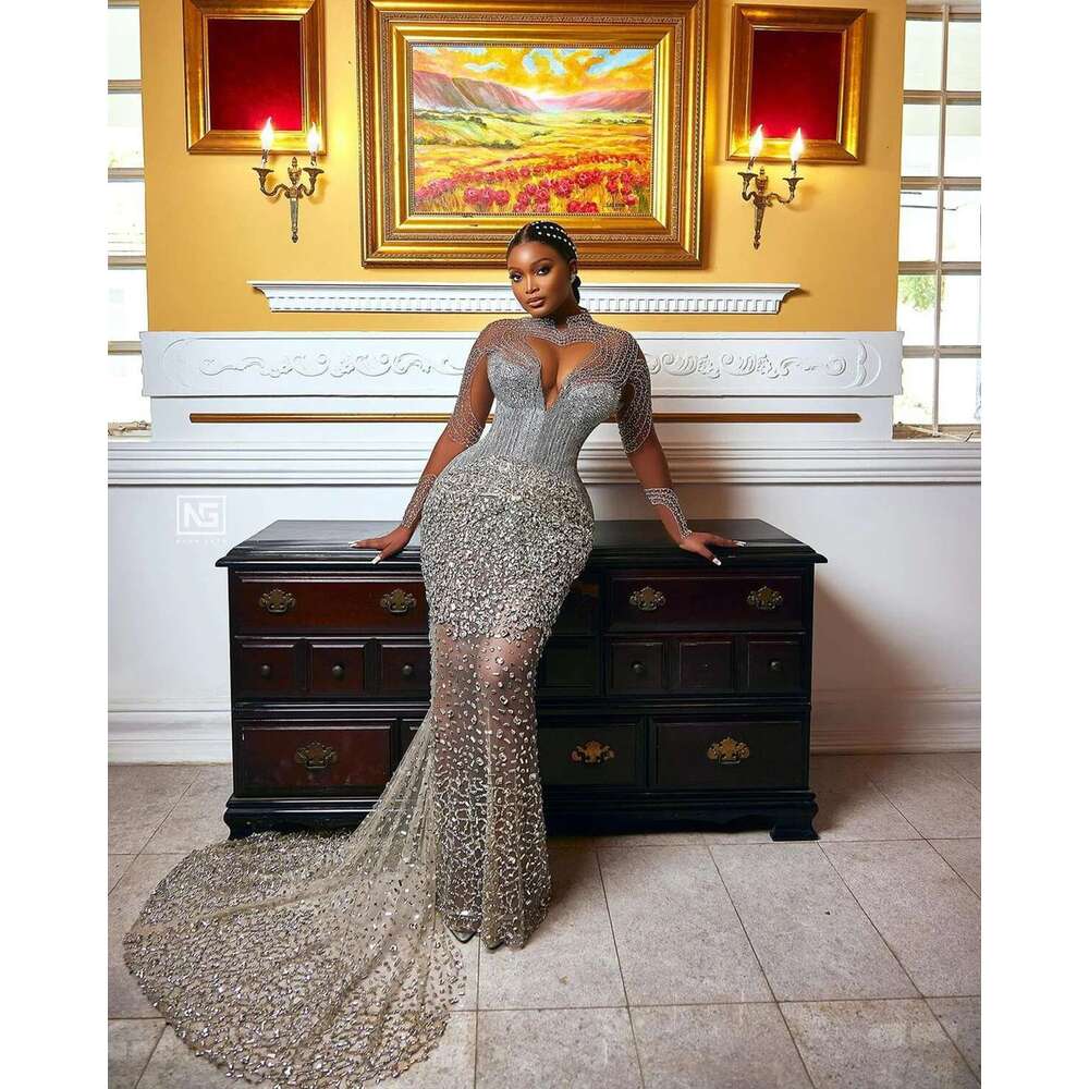 Exquisite Beaded Dresses, High Collar, Long Sleeve, Crystal Rhinestone, Wedding Dress, African, Arabic, Custom, Plus Size