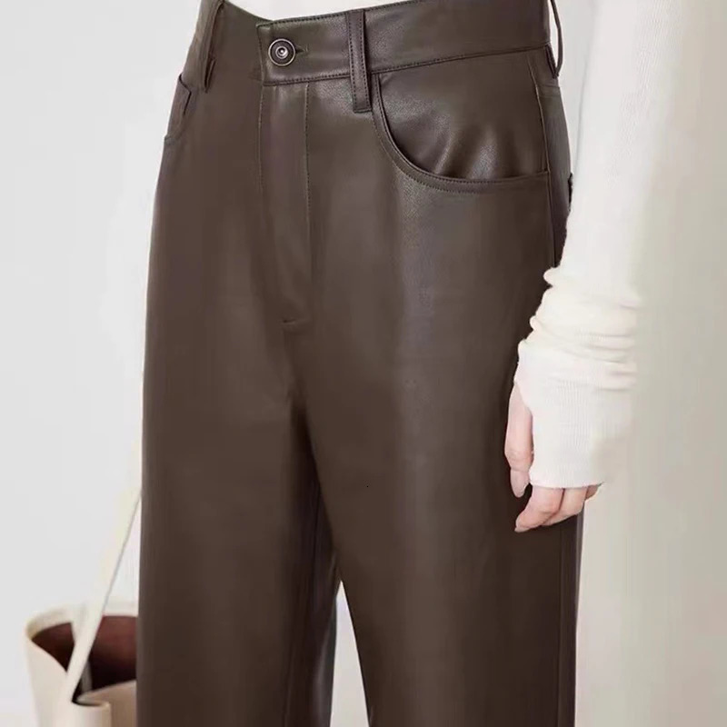 100 Leather Pants Women Autumn Winter Fashion Sheepskin High Waist Slim French Baguette Pants Casual Straight Cropped Trousers 250305