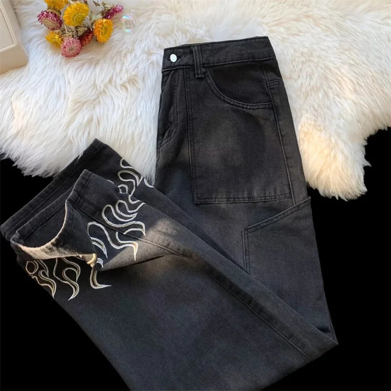 Y2K retro flame printed mens jeans loose streetwear wide leg denim Trousers hiphop fashion straight pants 250311