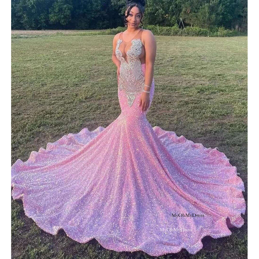 Pink Long Prom Dress For Black Girls Mermaid Sequins Crystals Birthday Party Dresses Women Evening Gown Customized al0311