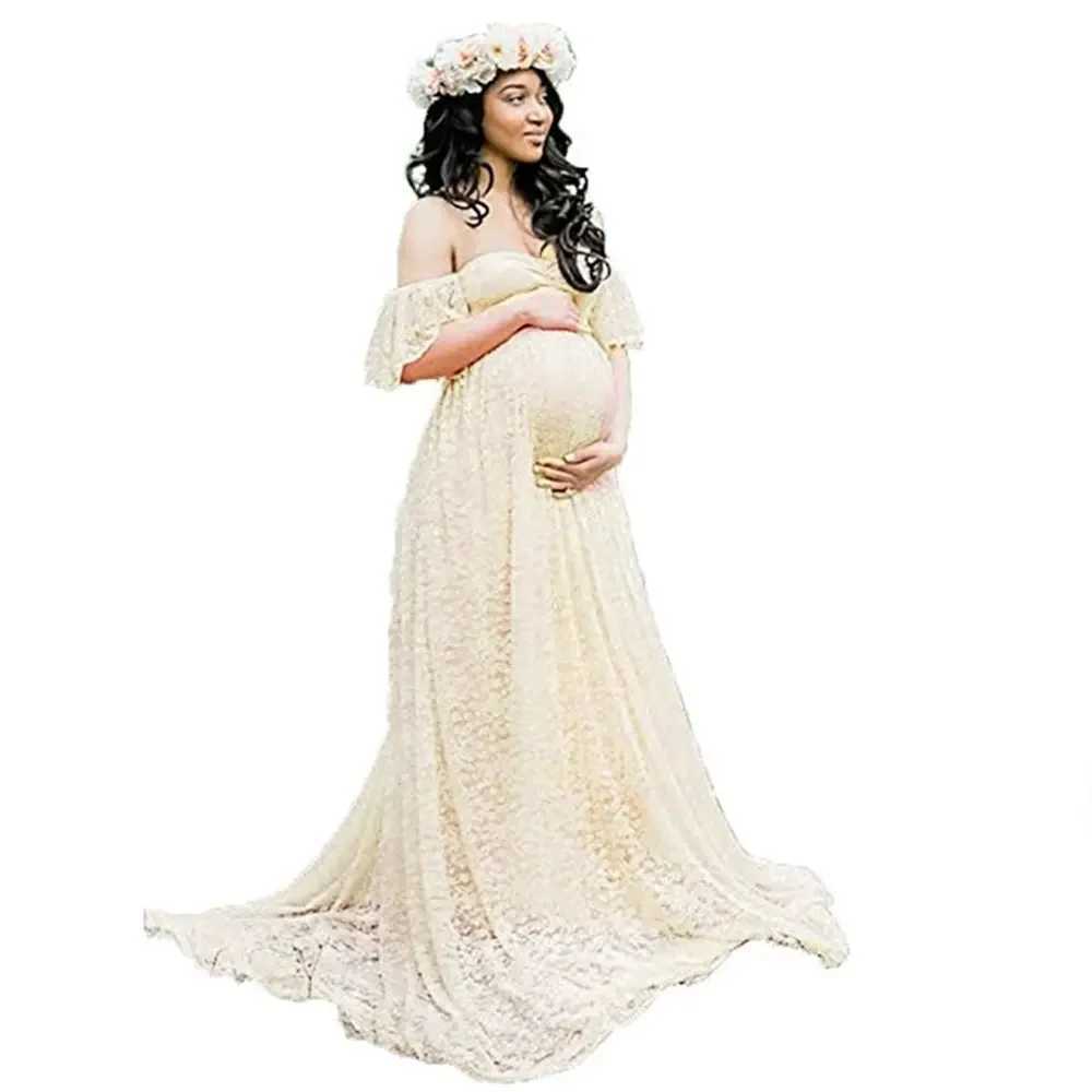 Women Maternity Gown Robe for Photo Shoot Pregnancy Clothes Dresses Beautiful Lace Tail Short Sleeve DressT250311