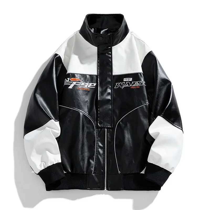 Mens Leather Clothing 2024 Autumn New patchwork Color Trend Print Outdoor Cycling Motorcycle Suit Men Versatile Leather JacketT250311