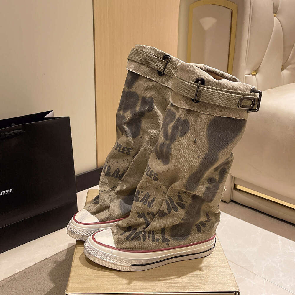 Graffiti High Top Canvas Shoes Women's Spring Wide Mid 2024 New Trouser Barrel Stacking Boots dh911125171