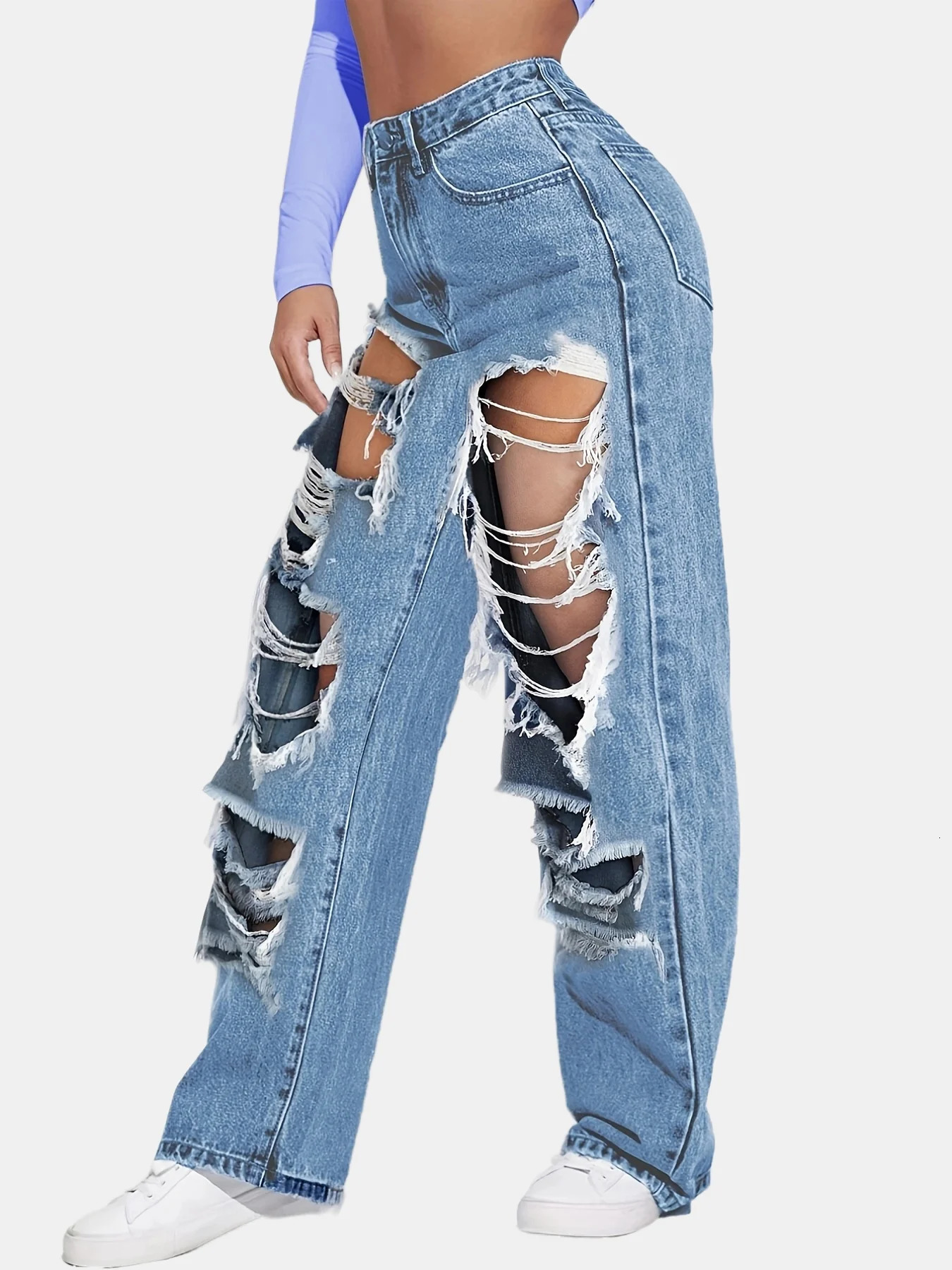 Blue high waisted straight jeans ripped holes loose fitting womens denim and clothing 250311