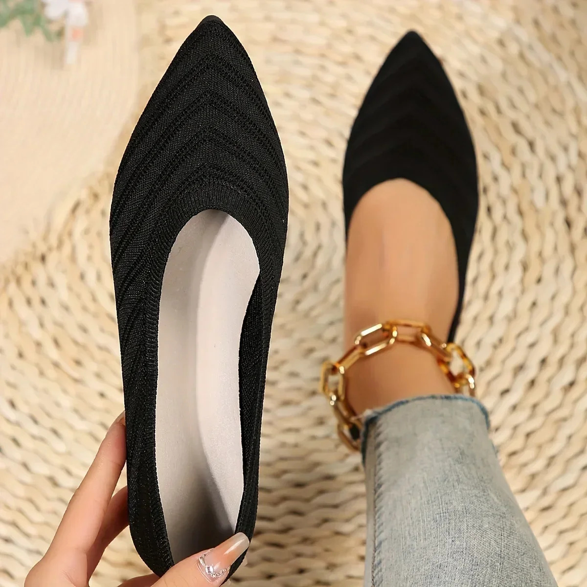 Pointed Toe Flat Office Boat Solid Color Knitted Slip on Casual Ballet Flats Shoes Women Loafers Zapatos De hot Mujer 250311