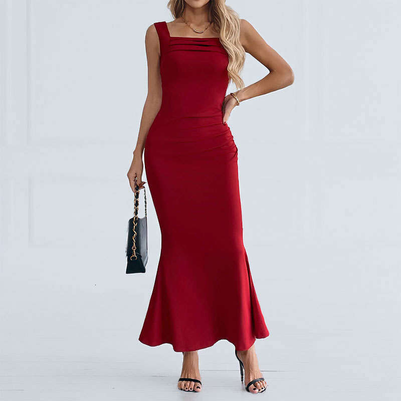 2025 Spring/Summer New Women's Fashion Style Slimming Square Collar Sleeveless Waist Slimming Dress KLMY