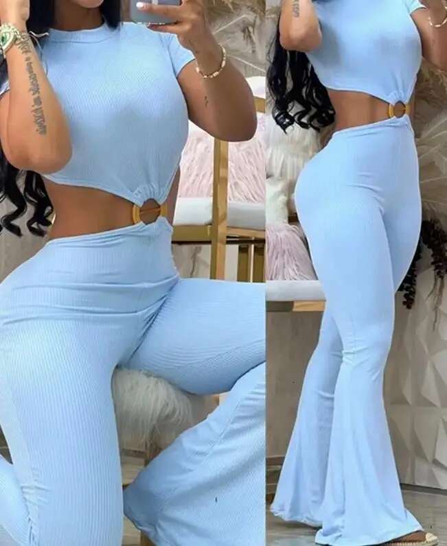 Ladies Summer Outfit O-Ring Decor Short Sleeve Sexy Backless Cutout High Waist Jumpsuit