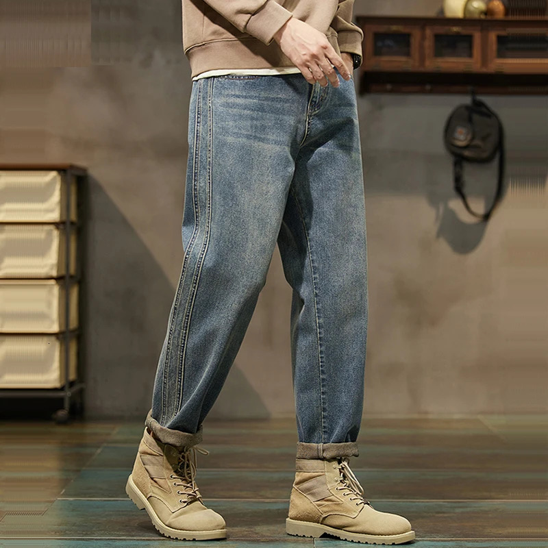 Baggy Pants Loose Fit Retro Blue Harem Vintage Clothes Jeans Men Wide Leg Fashion Pockets 250311