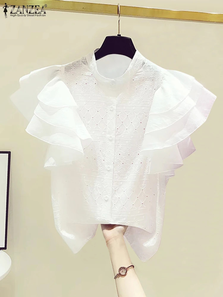 ZANZEA Korean Lace White Shirt Women Fashion Ruffle Short Sleeves Tops Summer ner Blouse Office Lapel Neck Buttons Top 250310