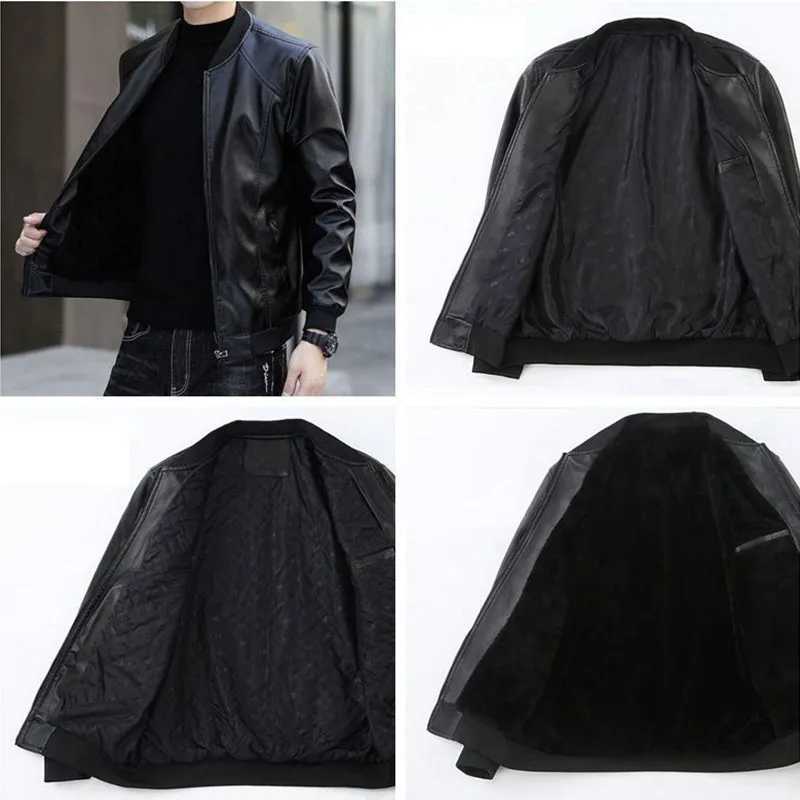 Men Leather Jacket Men Autumn Winter Business No Collar Zipper Casual Youth Solid Color Waterproof Korean Wlde-waisted CoatsT250311