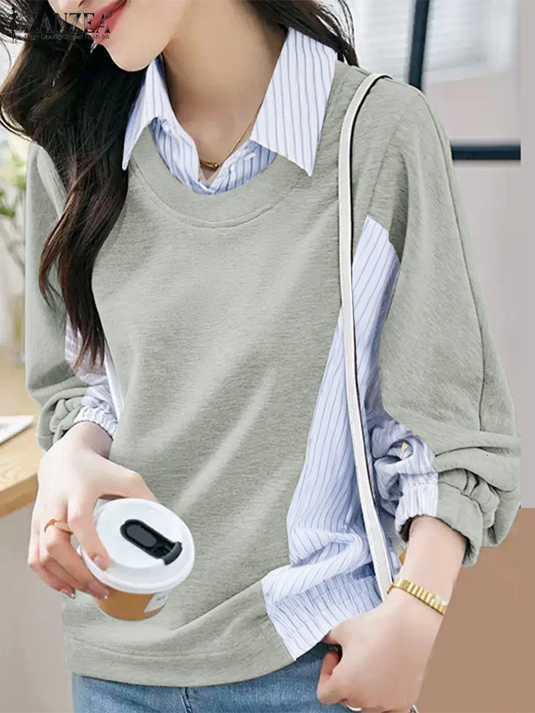 ZANZEA Womens Sweatshirts Spring Casual Stripe Shirt Two Pieces Tops Elegant Long Sleeve Patchwork Blouse Female Work Blouses 250311