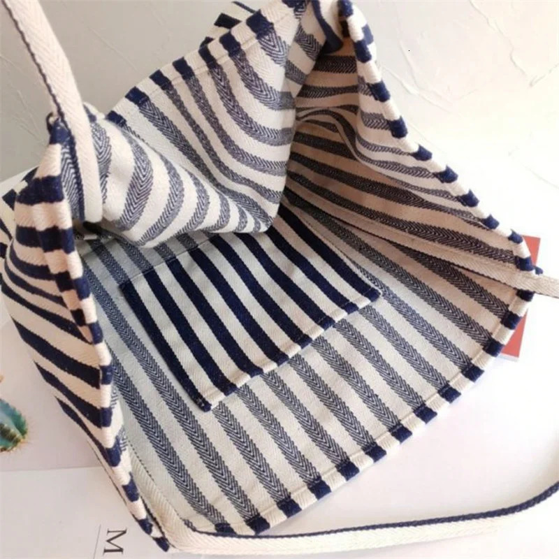 1PC Retro Art Storage Handbag Minimalist Stripe Canvas Bag Large Capacity Multi functional 250311