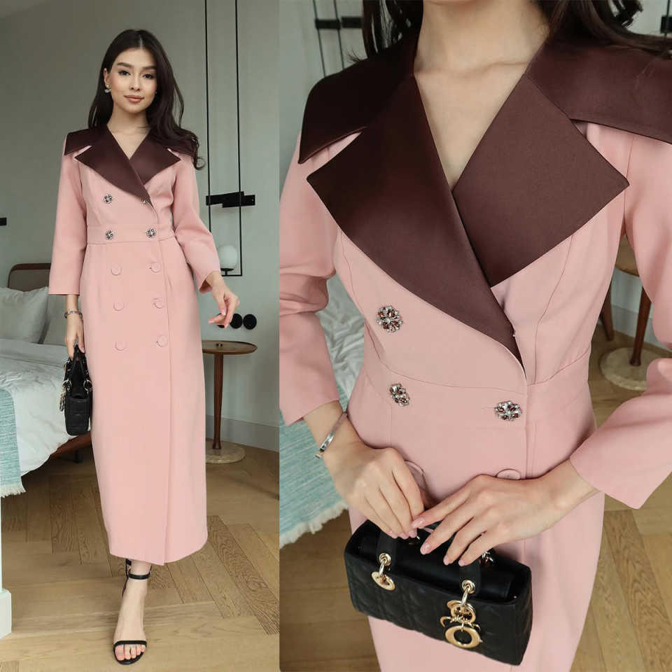 Customized Double Breasted Women Dress Contrast Color Peaked Lapel Ladies Prom Birthday Party Formal Wear Outfit One Jacket