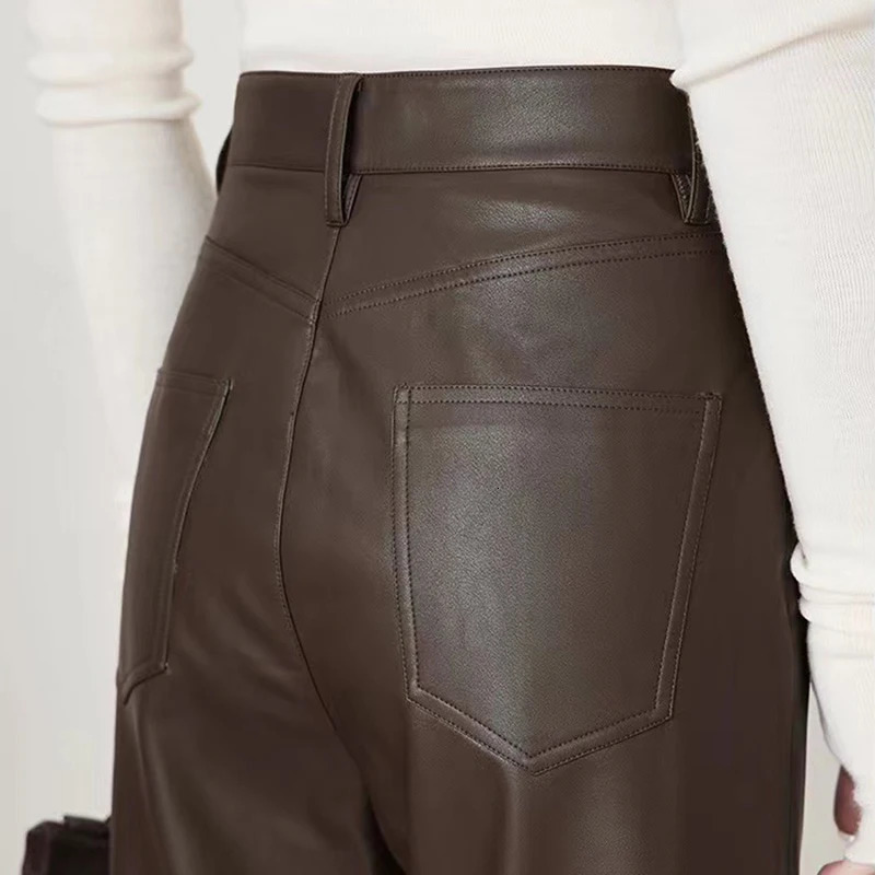 100 Leather Pants Women Autumn Winter Fashion Sheepskin High Waist Slim French Baguette Pants Casual Straight Cropped Trousers 250305