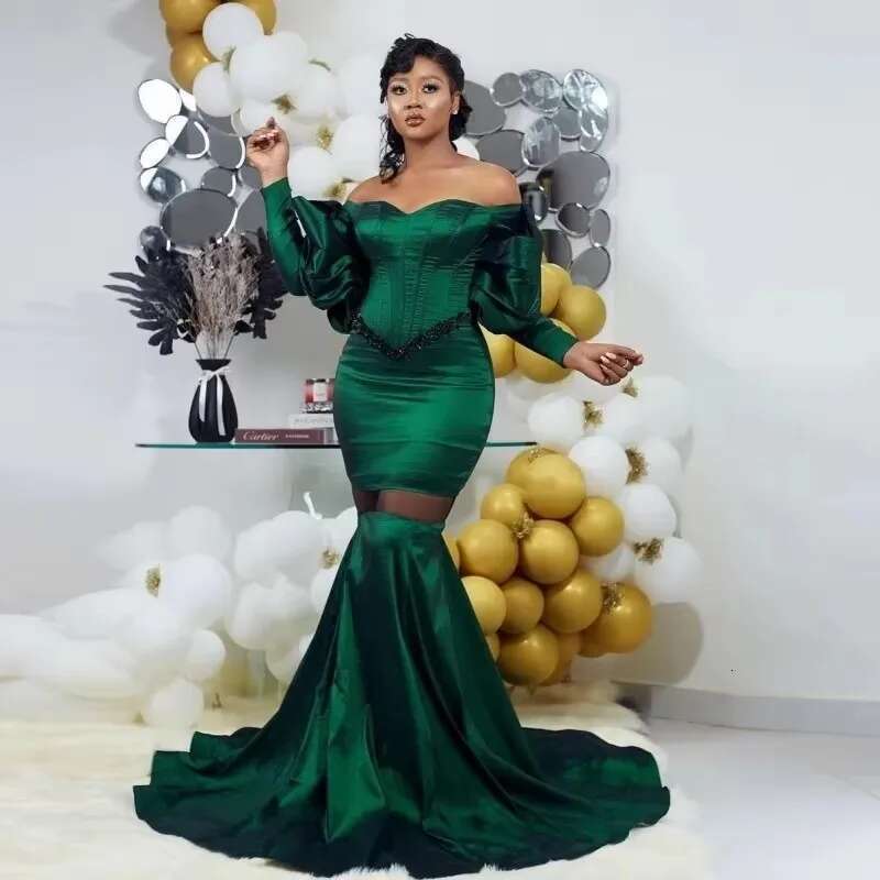 2025 Aso Ebi Dark Green Mermaid Prom Dress Off The Shoulder See Through Long Sleeves Formal Party Gowns Robe Customized