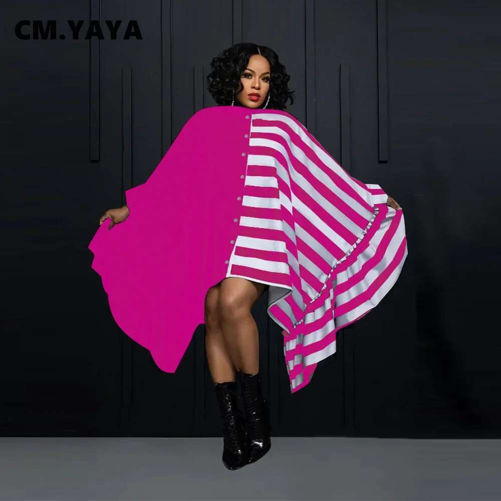 Cm.Yaya Women Striped Patchwork Ruffles Hem Batwing Long Sleeve Loose Shirt Dress 2023 Autumn Winter Fashion Dresses Vestidos