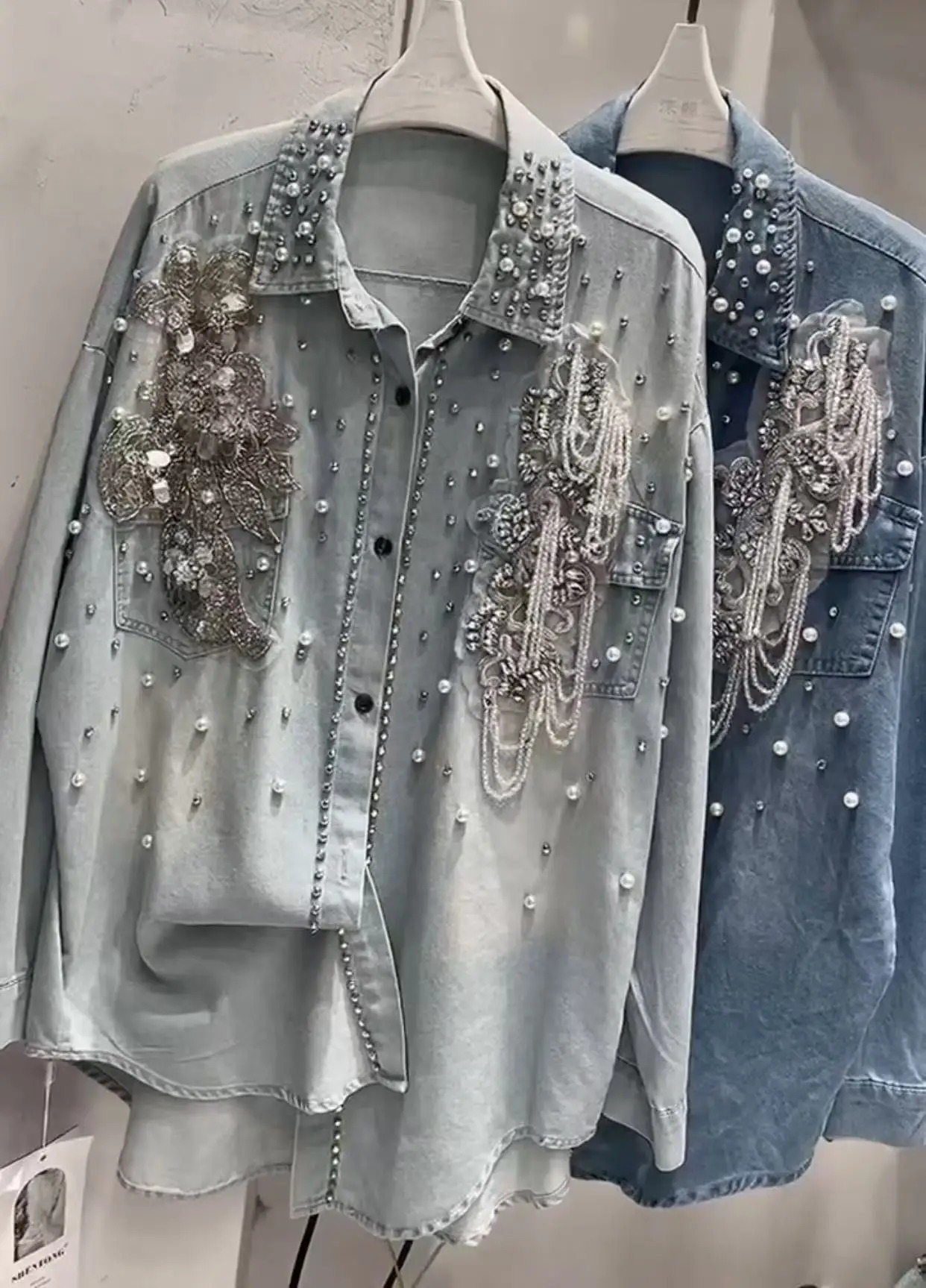 In Autumn Trend Crystal tassel Stitch Denim Shirts and Blouses Womens Loose Casual Top Jacket Woman Clothes 250311