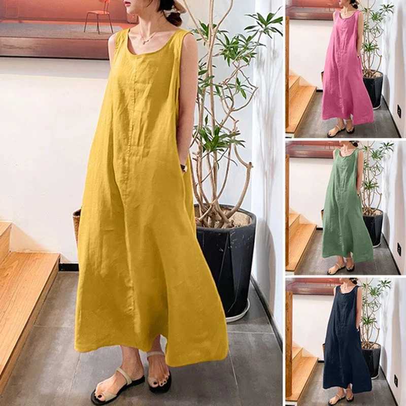 2024 New Summer Women Sleeveless Sundress Elegant Round Neck Cotton Linen Solid Long Tank Dress Vintage Pockets Beach VestidosT250311