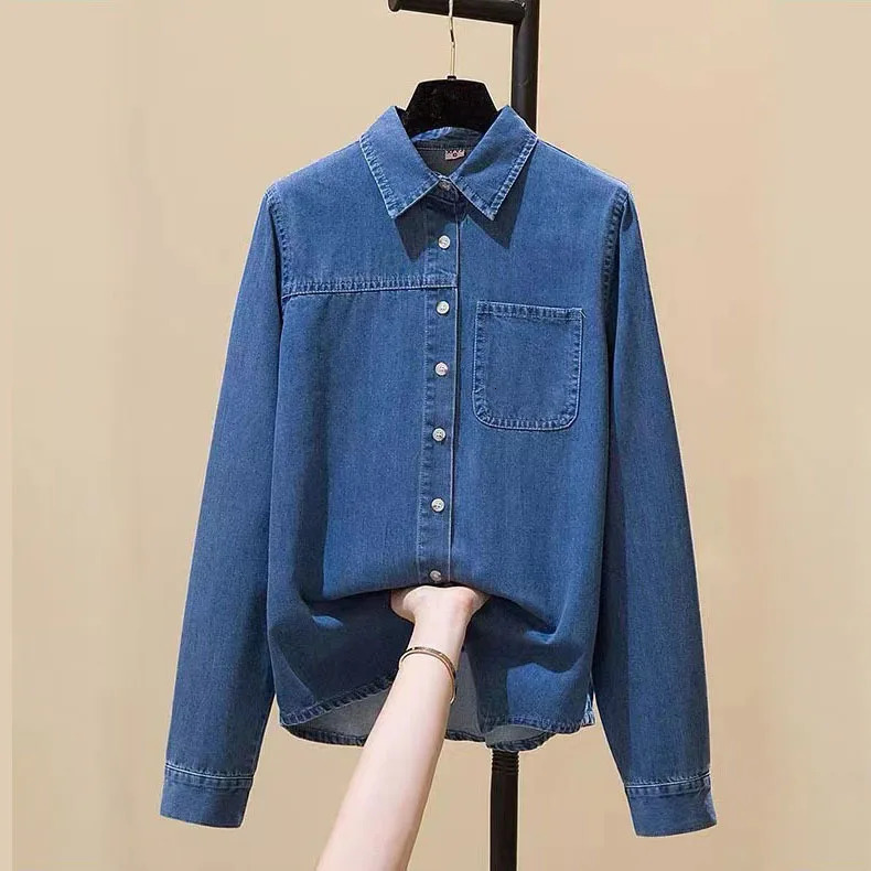 Wxw3130 Spring Blue Jeans Womens 100% Cotton Long Sleeve Denim Shirt Fashion Top Loose 250311