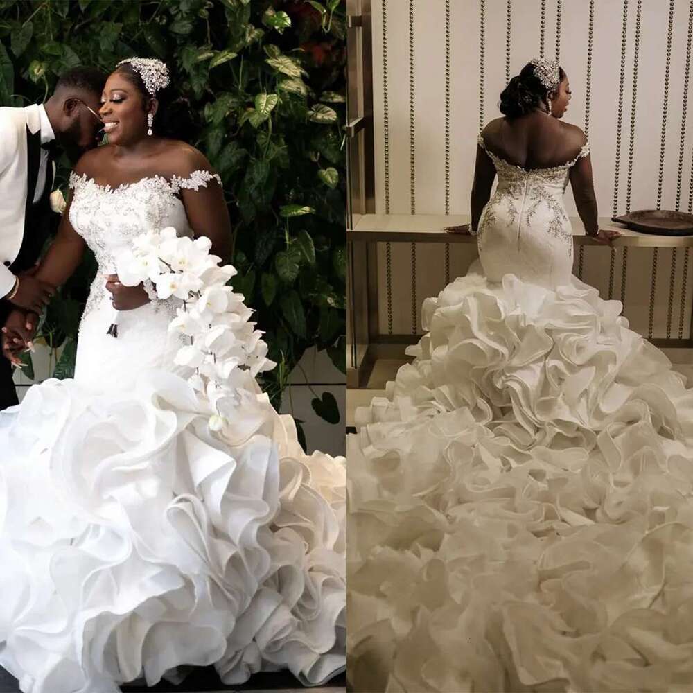 Arabic Size Mermaid Dresses, Elegant Beading Applique, Dress, Layered Ruffles, Pleated Train, Wedding Dress