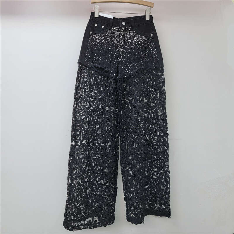 Pink Lace Splicing Heavy-Duty Hot Stamping Wide For Women 2024, With High Waist Slimming Effect, And A High-End Straight Leg Casual Pants