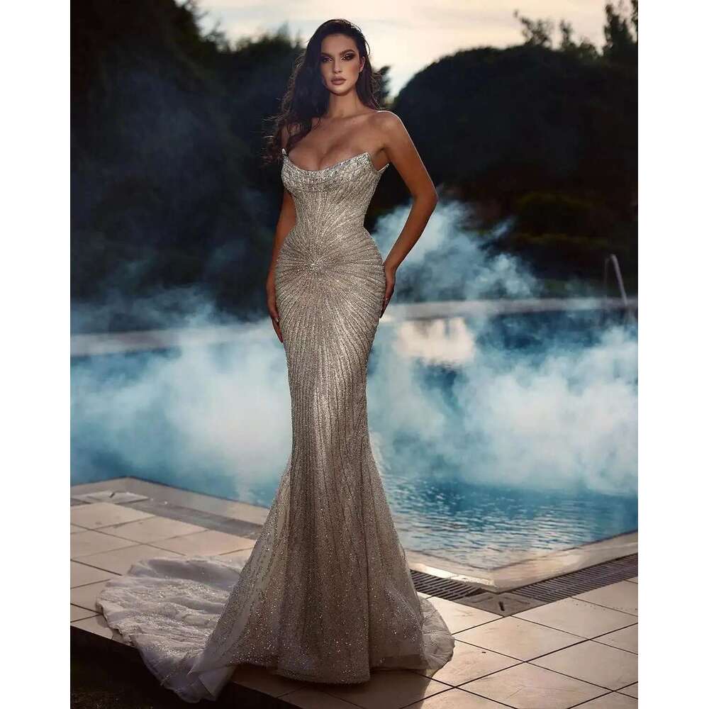 Esnte Strapless Mermaid Women's Sleeveless Wedding Sequins Train Dresses Detachable Bridal Dress